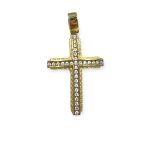 Χρυσός σταυρός γυναικείος 14 καρατίων με λευκά ζιργκόν διπλής όψης