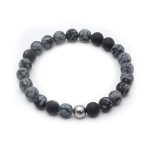 Βραχιόλι ελαστικό λefkό με μαύρο λαμπραδορίτη και ατσάλινη μπίλια στο κέντρο