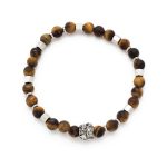 Βραχιόλι ελαστικό λefkό με πέτρες μάτι της τίγρης και ατσάλινα στοιχεία σε γεωμετρικό σχέδιο