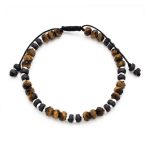 Βραχιόλι λefkό μακραμέ με πέτρες μάτι της τίγρης και ατσάλινα στοιχεία