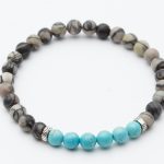 Βραχιόλι λefkό ατσάλινο με γκρι Ιασπις και turquoise πέτρες