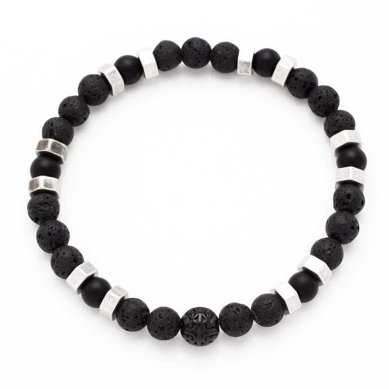 L31A-B103-1 Βραχιόλι ελαστικό λefkό με πέτρες Λάβας και ατσάλινες λεπτομέρειες - Image 1