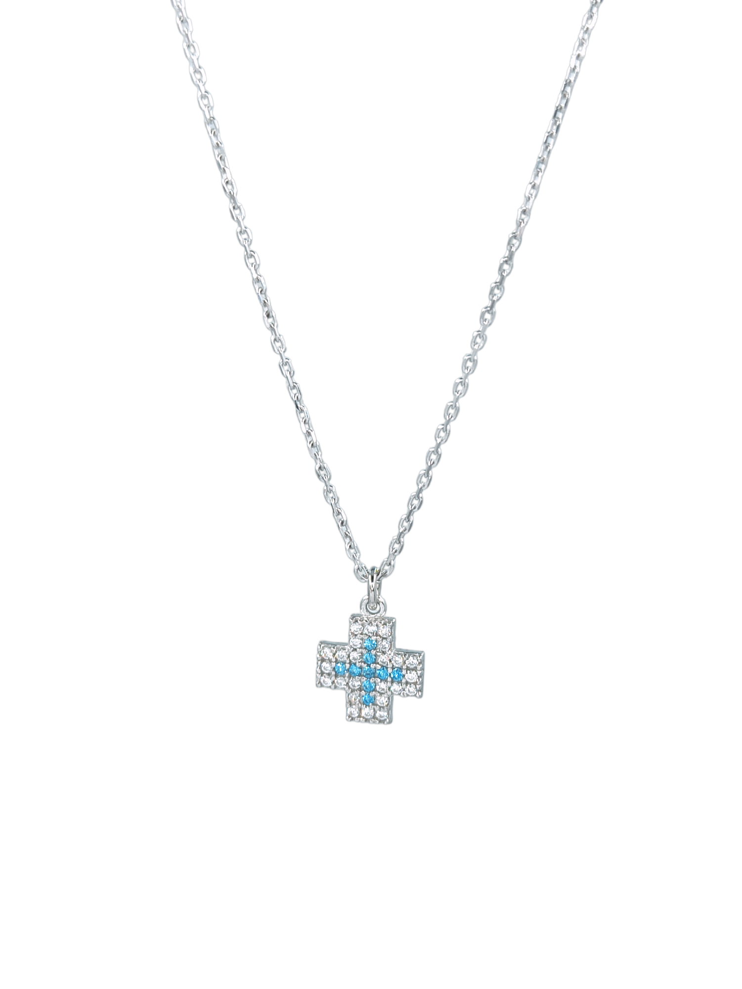 IMG_20230712_101547 Κολιέ Σταυρός με λευκές-γαλάζιες πέτρες από ασήμι 925° - Image 1