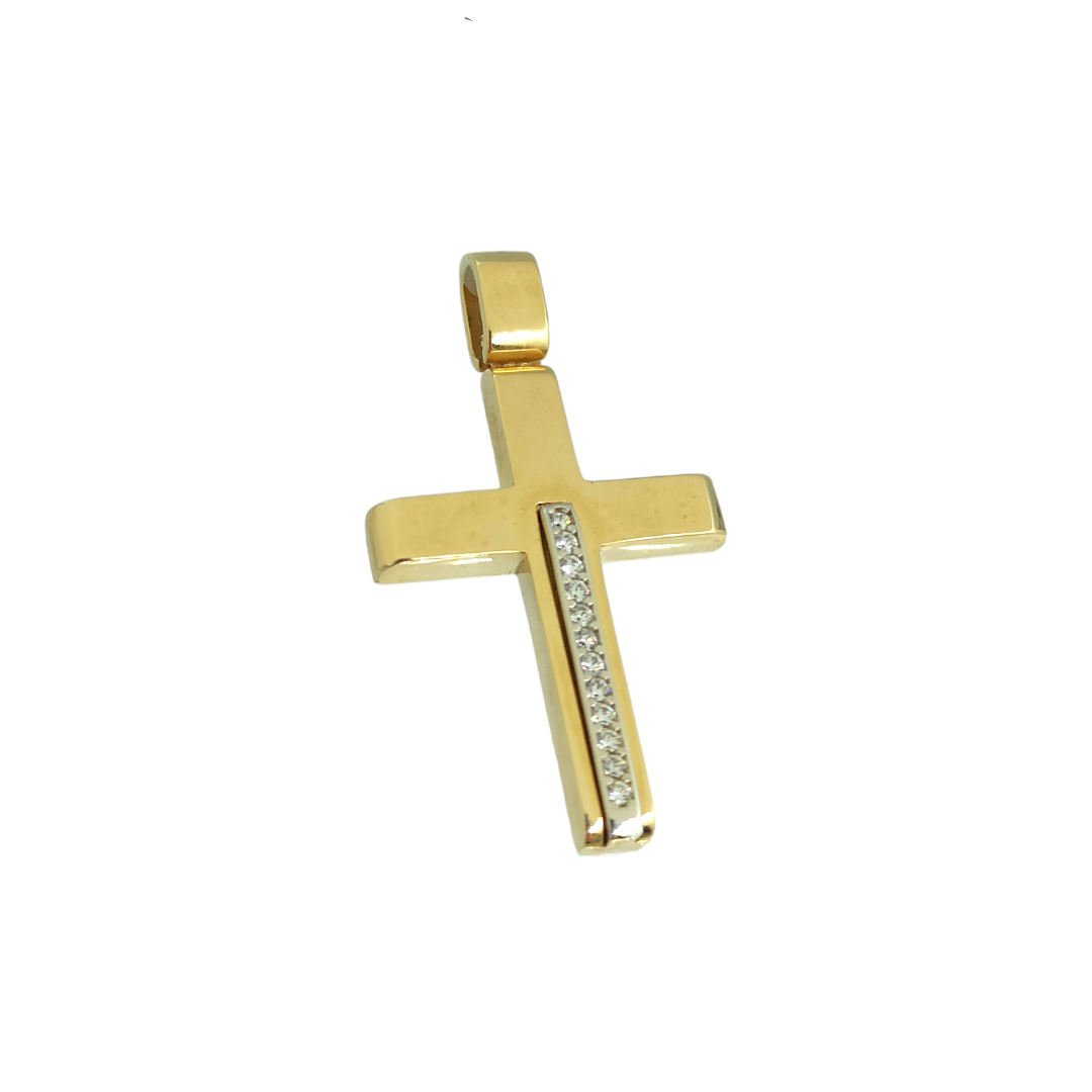 IMG_20240313_123153 Χρυσός σταυρός γυναικείος διπλής όψης με λευκά ζιργκόν Val'Oro Κ14 - Image 1
