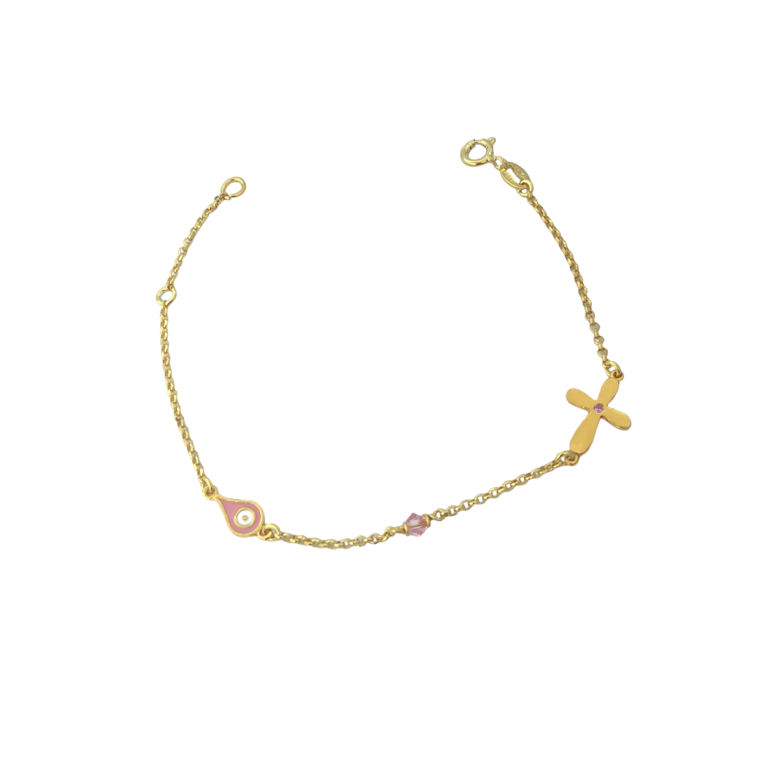 IMG_20240703_110538 Παιδικό χρυσό βραχιόλι με μάτι, ροζ χάντρα και στέμμα από ασήμι 925° - Image 1