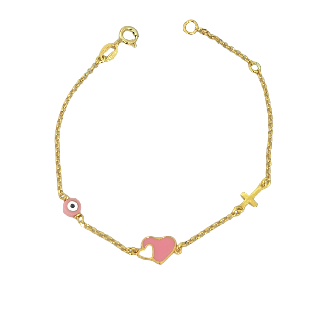 IMG_20240703_110554 Παιδικό χρυσό βραχιόλι με καρδιά, μάτι και σταυρό από ασήμι 925° - Image 1