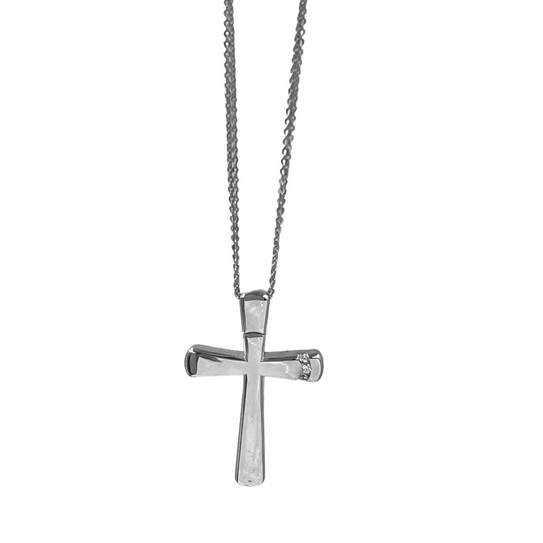 Photoroom_20240704_095649 Λευκόχρυσος γυναικείος σταυρός Val'oro με λευκά ζιργκόν και διπλή αλυσίδα σε Κ14 - Image 1