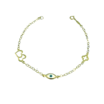 Βραχιόλι χρυσό με σταυρό, ματάκι και διπλή καρδιά σε Κ9