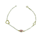 Βραχιόλι χρυσό με διάτρητο σταυρό,ροζ ματάκι και καρδιά σε Κ9