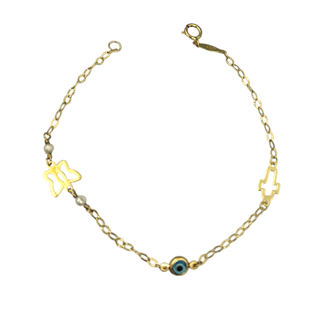 IMG_20250904_105438 Βραχιόλι χρυσό με διάτρητο σταυρό,ματάκι και πεταλούδα σε Κ9 - Image 1